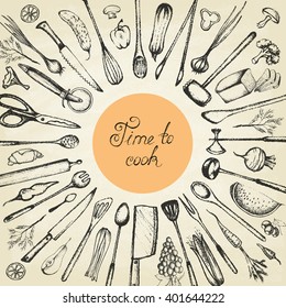 Set of silhouette kitchen tools and set of different hand drawn food elements. Doodle style. Set of Cutlery. Retro vintage style.  Vector illustration.