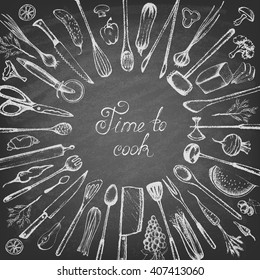 Set of silhouette kitchen tools and set of different hand drawn food elements on the blackboard. Doodle style. Set of Cutlery. Retro vintage style. Vector illustration.