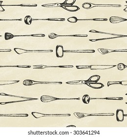 Set of silhouette kitchen tools.  Doodle style. Set of Cutlery. Retro vintage style. Seamless background.Vector illustration.
