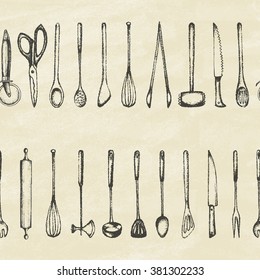 Set of silhouette kitchen tools. Doodle style. Set of Cutlery. Retro vintage style. Seamless background.Vector illustration.