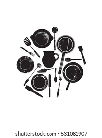 Set of silhouette kitchen utensils, cooking tools and kitchenware equipment