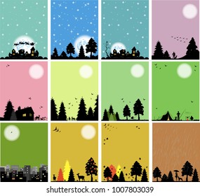 set of silhouette landscapes