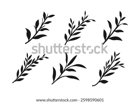 Set of silhouette leaf stem icon. Vector organic set with leaves and  tree trunk illustration.
