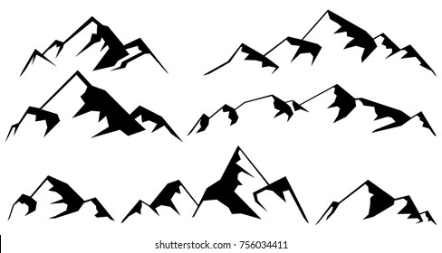 Set of silhouette line style logo of mountain come with snow on the surface in black and white color