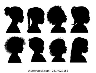 Set of silhouette of a little girl side view, progil - vector illustration