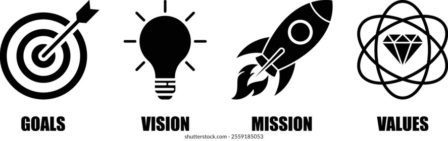 A set of silhouette logo icons for planning, vision, mission, values ​​for future appearance or plans. Vector illustration	