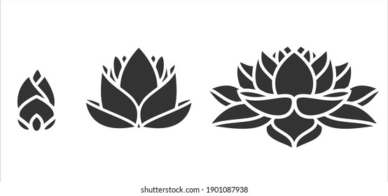 Set of silhouette lotus flower in minimal geometric style isolated on white background. Abstract modern design element. Vector illustration.