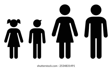 Set of silhouette male or female vector icons. Family isolated set. Man and woman, girl and boy sign symbol set in black color. Vector illustration.