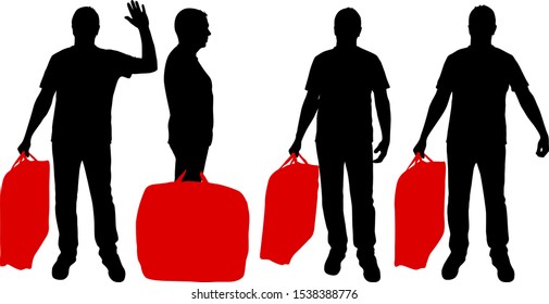 Set silhouette of a man with a briefcase in hand, on a white background