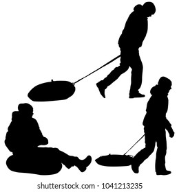 Set silhouette of man and having fun inflatable rubber tube sled on white background.