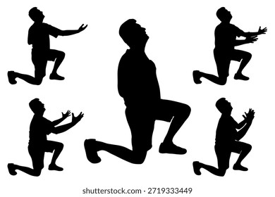 Conjunto de silueta del hombre arrodillado, mirando hacia arriba con los brazos levantados, expresando una fuerte emoción. Ilustración vectorial
