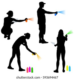 Set silhouette man and woman holding a spray on a white background. Vector illustration