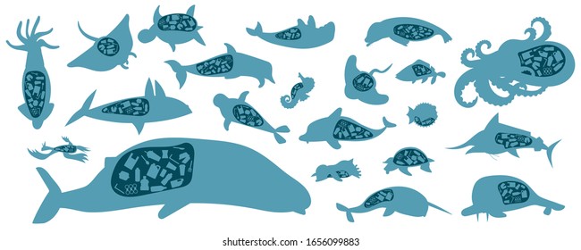 Set Of Silhouette Marines Dead, Fish Died, Plastics Waste Pollution In Stomach Sea Animals Life, Environmental Concept, Flat Vector Illustration  In Horizontal Design Isolated On White Background