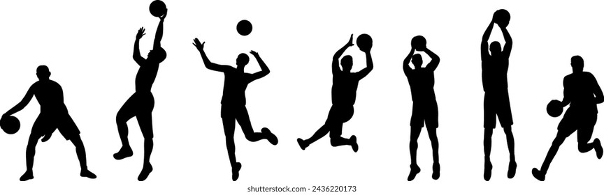 set, silhouette of men playing basketball on a white background vector