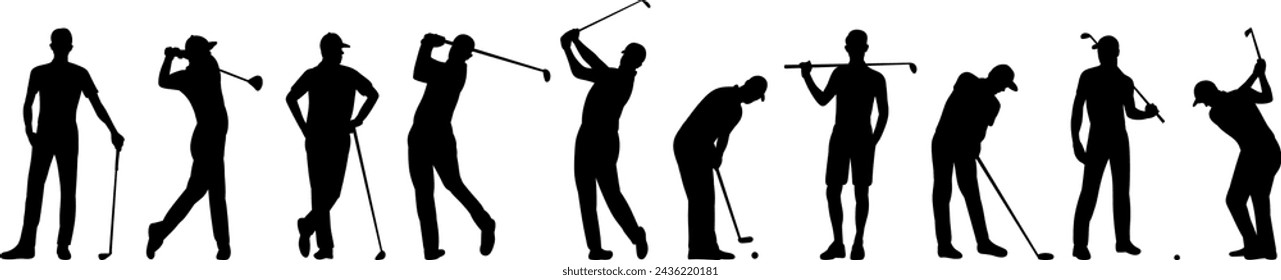 set, silhouette of men playing golf on a white background vector