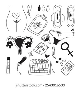Conjunto de silhueta menstruação ilustração rabiscar, estilo de linha de doodle, copo menstrual, analgésico, ovário, tampão, almofada, teste de gravidez e muito mais