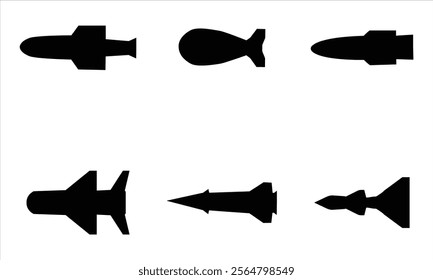 set  of silhouette  missile rocket bomb on a white background