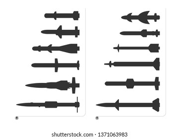 Set of silhouette missiles for fighter aircraft is isolated on a white background. The set of rockets have different forms and size.