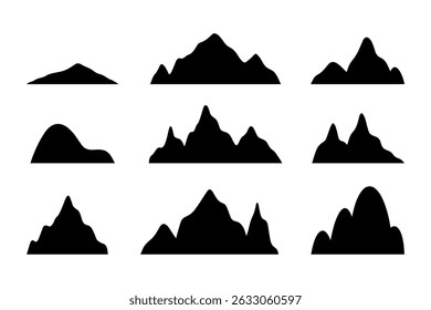 Um conjunto de montanhas de silhueta. Ícones de montanha isolados em um fundo branco, ilustração vetorial, design plano. Um simples desenho preto e branco de picos rochosos e picos. Um elemento para decoração