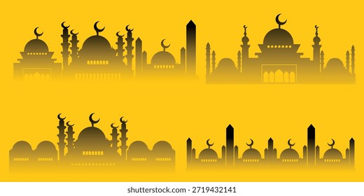Silhouette aus mehreren Moschee-Kuppeln und Minaretten, die eine warme Atmosphäre für islamische religiöse Feiern und Reisen Themen des Nahen Ostens.