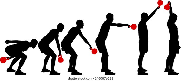Set silhouette muscular man holding kettle bell.