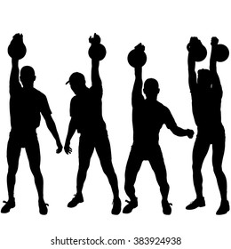 Set silhouette muscular man holding kettle bell.  Vector illustration.