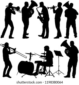 Set silhouette of musician playing the trombone, drummer, tuba, trumpet, saxophone, on a white background