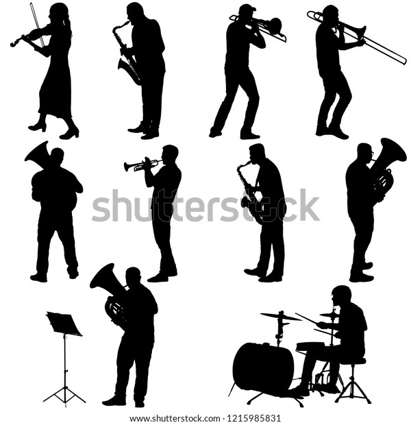 白い背景にトロンボーン ドラマー ツバ トランペット サックスフォンを演奏するミュージシャンのシルエット のベクター画像素材 ロイヤリティフリー 1215985831