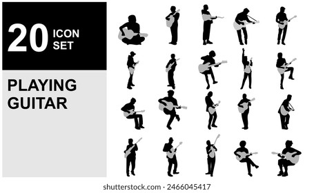 set of Silhouette musician plays the guitar on a white background, silhouette people playing guitar, editable