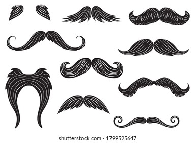 Set of silhouette mustache. Collection of hipster mustache for face mask. Linear art. Logotype for barbershop. Vector illustration for hairdresser.