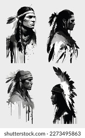 set of silhouette of Native American Indian Chief warrior Mascot with feather . for t-shirt design print. Vector illustration on isolated background	