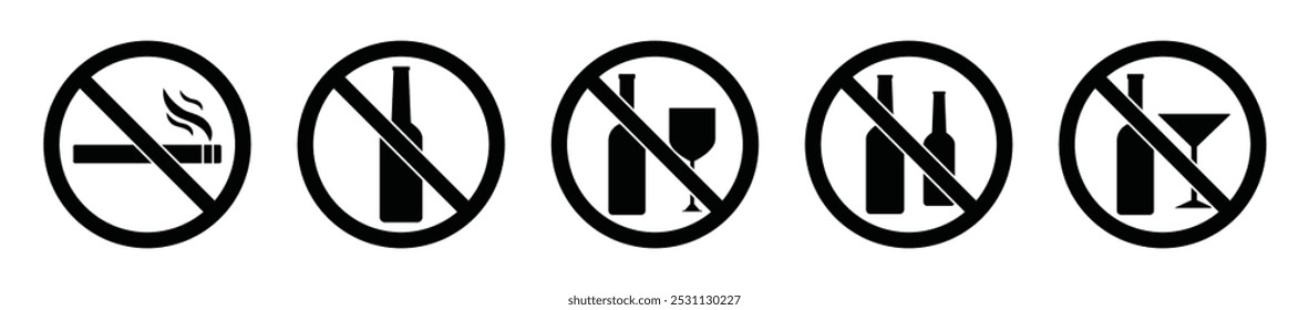 Set of silhouette no alcohol and no smoking vector signs icon isolated set. Do not drink alcohol in this area. Prohibited icons of drink alcohol or smoking sing symbol black color. Vetor illustration.