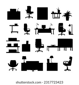 Set silhouette of office furniture. Home room and office interior constructor. Business workplace creator set in flat design.