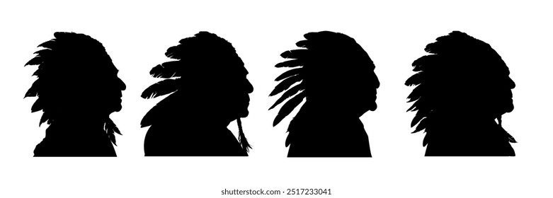 Set of silhouette of old Native American man in headdress side view, isolated