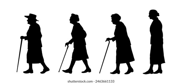 Set of silhouette of old woman walking, old age, senior woman - vector illustration	