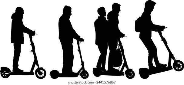 Set silhouette on a white background of a people on electric scooter.