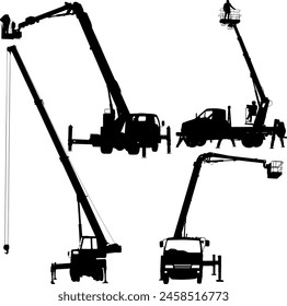 Set silhouette on a white background of aerial platform or crane on a vehicle.