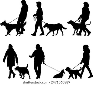 Set silhouette on a white background of a people with a dog for a walk.