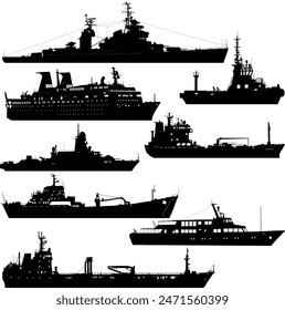 Setzen Sie Silhouette auf einen weißen Hintergrund eines Schiffes Militär Zerstörer und ein Transportschiff.