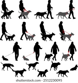 Set silhouette on a white background of a people with a dog for a walk.