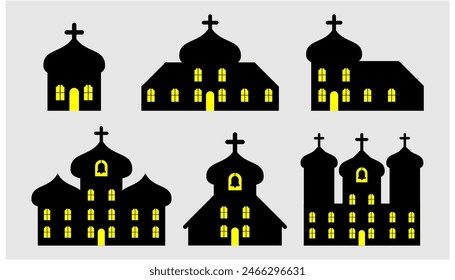 set of silhouette orthodox church with lights on from inside, yellow light, Christian cross, Church building, Christian religion