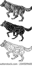 Set of silhouette oultine of a sprinting wolf, isolated against white. Vector illustration.
