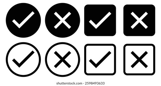 Set of silhouette and outline Checkmark and Cross Icon vector isolated on white background