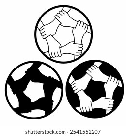 Set silhouette outline of three circular symbols each depicting five hands holding each other by the wrist in a connected circle, symbolizing unity and teamwork. teamwork logo icon symbol