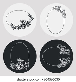 Set of silhouette oval frames with floral elements. Design element for logo, banners, labels, prints, posters, web, presentation, invitations, weddings, greeting cards, albums. Vector clip art.