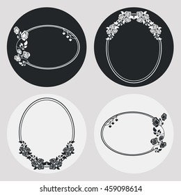 Set of silhouette oval frames with roses. Design elements for graphic backgrounds. Vector clip art.