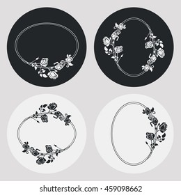 Set of silhouette oval frames with roses. Design elements for graphic backgrounds. Vector clip art.