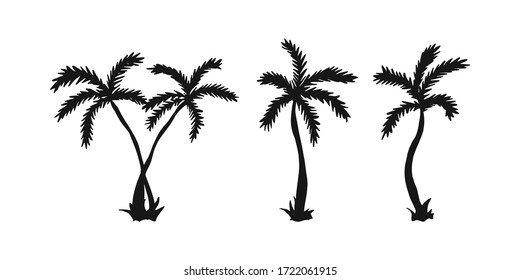 Set of silhouette palm tree. Isolated coconut icon for printable card, poster, banner. Vector Illustration