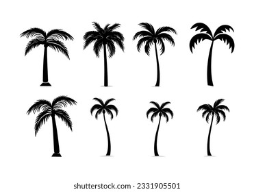 Set of silhouette palm trees isolated on white background. Vector illustration in flat style