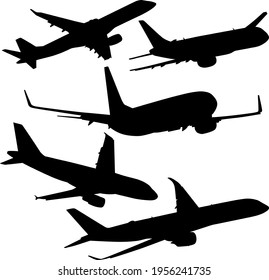 Set silhouette passenger aircraft on a white background.